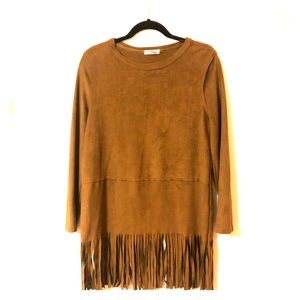 Suede long sleeve top with fringe